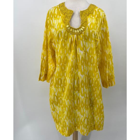 Boden Tunic Mini Dress Embellished Horseshoe Neckline Abstract Printed Yellow 18 - Picture 3 of 9